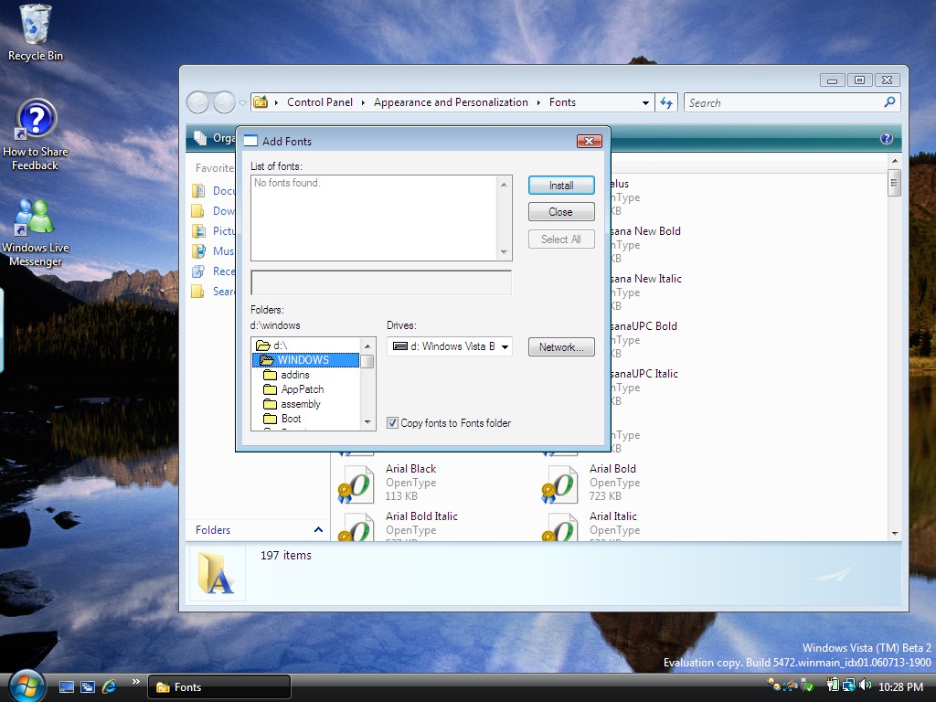 Окно добавления шрифтов из Windows 3.1 все еще в Vista build 5472 - ms  insider @thevista.ru